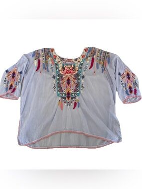 Johnny Was Bohemian Embroidered Blouse Top Light Periwinkle Medium 3/4 Sleeve